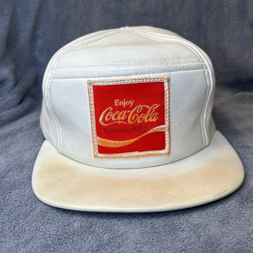 Vintage Coca-Cola Coke White Faux Leather Snapback Hat Union Made USA Medium